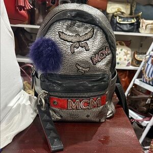 MCM Metallic Backpack Especial Edition with Blue Pom